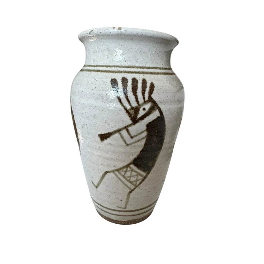 Vintage Hand Painted Kokopelli pottery rustic Small Vase Signed M 2006